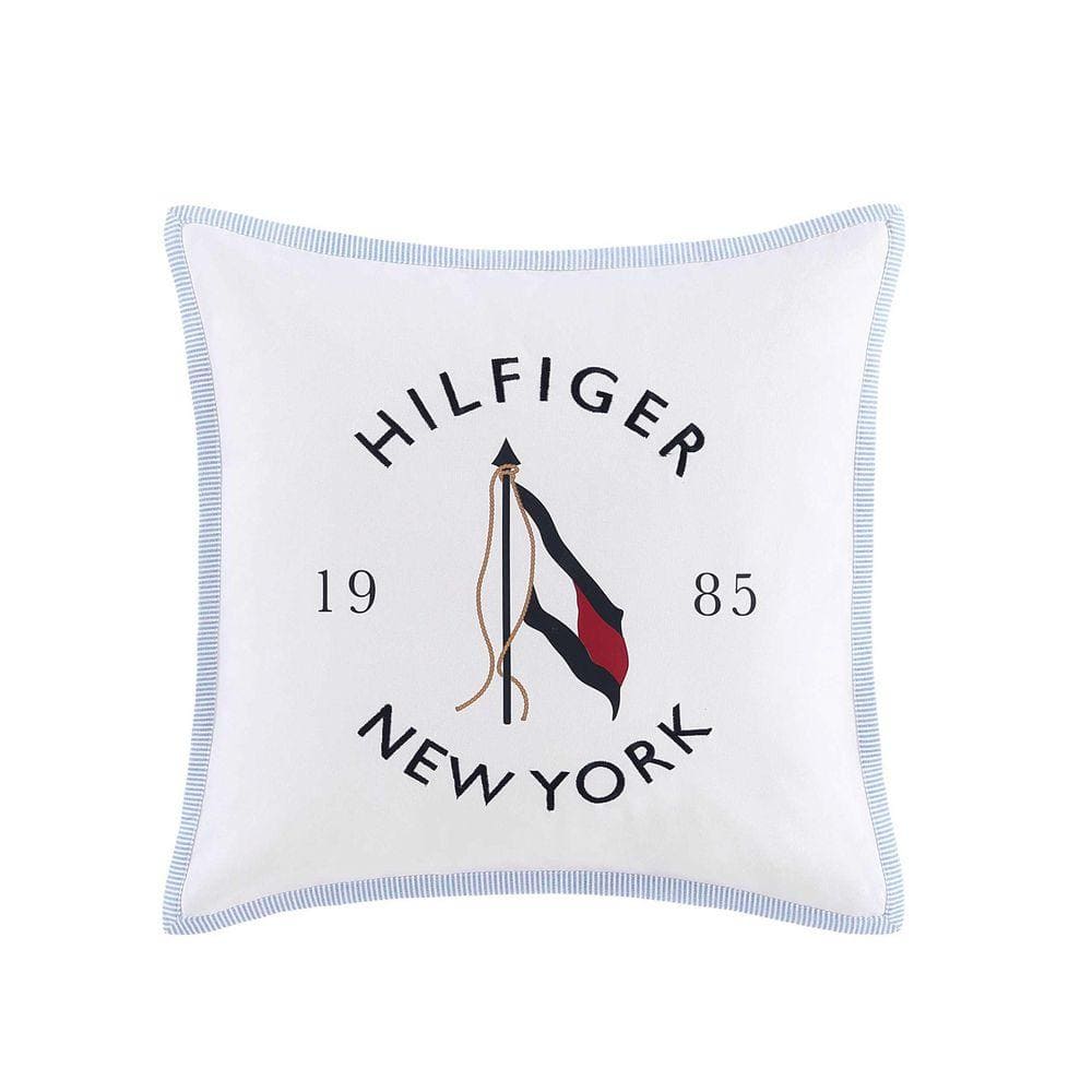 Tommy Hilfiger NY Flag Ivory/Navy/Light Blue Cotton Square Throw Pillow