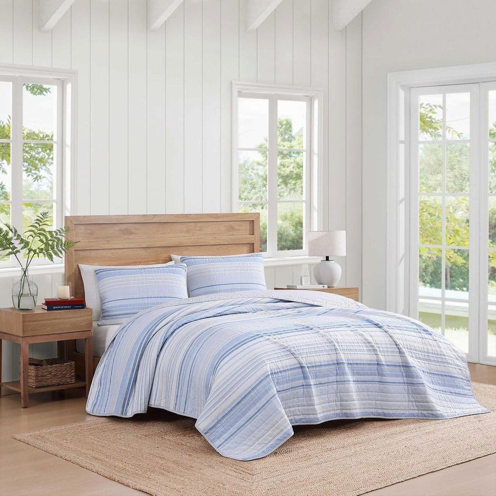 Tommy Hilfiger Bold Stripe Textured 3-Piece White/Blue/Grey Cotton King Quilt Set