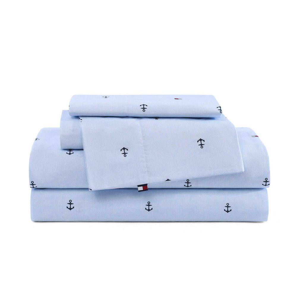 Tommy Hilfiger Anchor And Flag 4-Piece Pale Blue/White/Dark Blue Percale Cotton King Sheet Set — view 2