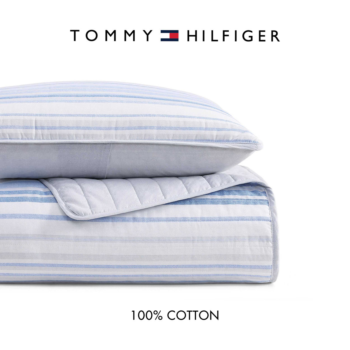 Tommy Hilfiger Bold Stripe Textured 3-Piece White/Blue/Grey Cotton King Quilt Set — view 2