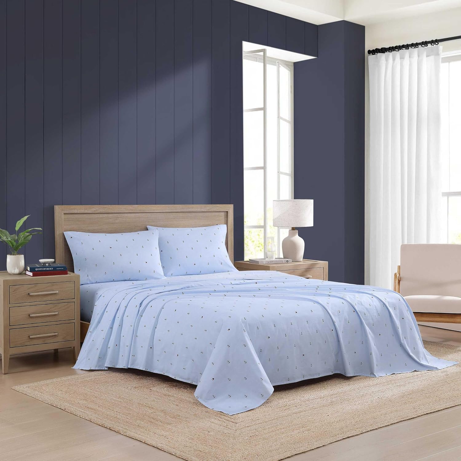 Tommy Hilfiger Anchor And Flag 4-Piece Pale Blue/White/Dark Blue Percale Cotton King Sheet Set