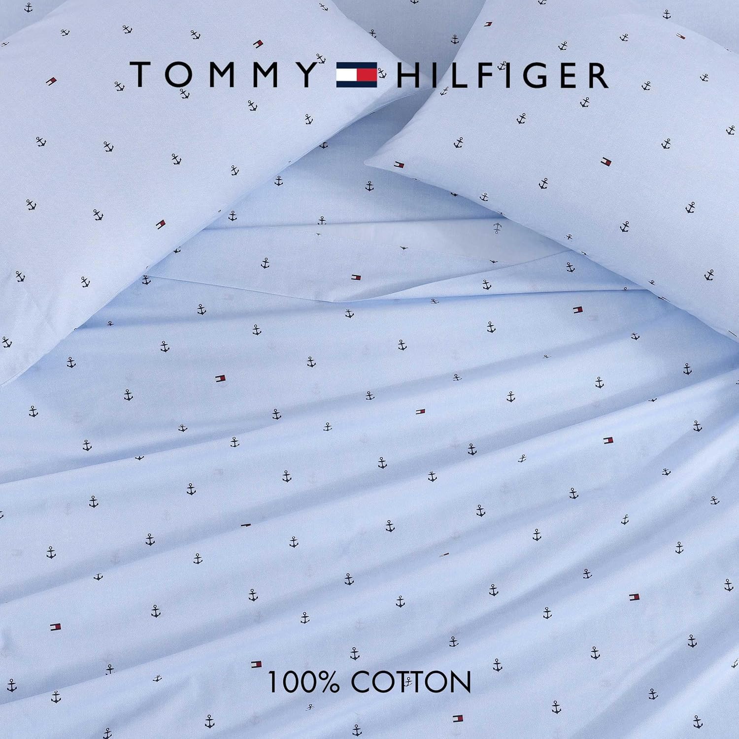 Tommy Hilfiger Anchor And Flag 4-Piece Pale Blue/White/Dark Blue Percale Cotton King Sheet Set — view 5