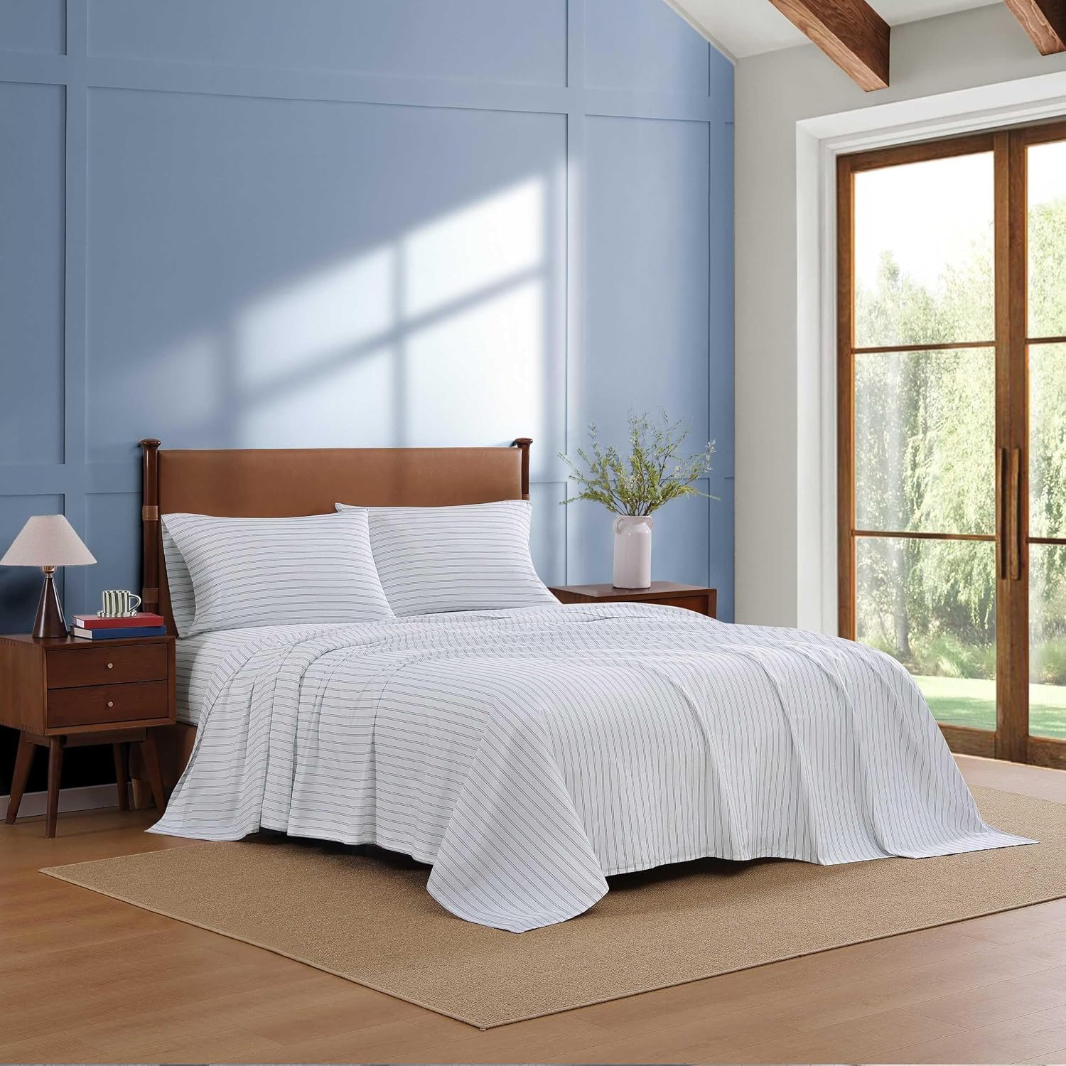 Tommy Hilfiger Joshua Tree Stripe 4-Piece White/Dark Blue/Red Percale Cotton King Sheet Set