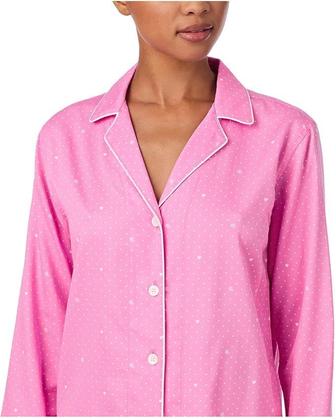 Lauren Ralph Lauren Lauren Ralph Lauren Long Sleeve Notch Collar Knit PJ Set Women's Pajama Sets Pink Hearts Print : LG (US 12-14), Cotton/Viscose
