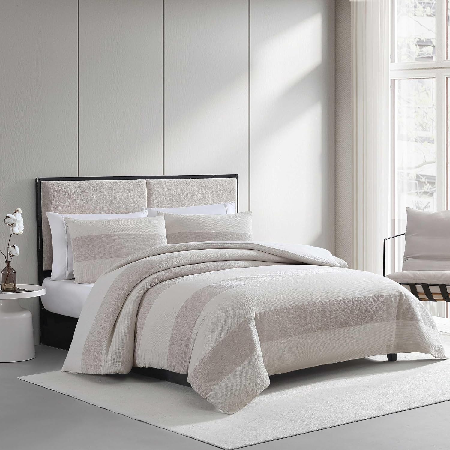 Vera Wang - King Duvet Cover Set, Textured Woven Bedding Set with Button Closure & Inner Corner Ties, 3 Piece Bed Set with Matching Pillowcases (Chenille Waffle Stripe Beige) — view 3