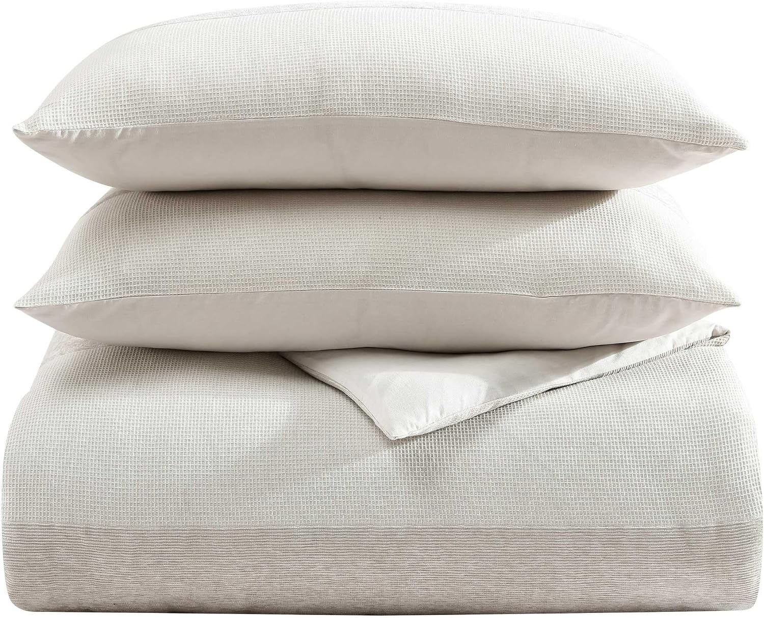 Vera Wang - King Duvet Cover Set, Textured Woven Bedding Set with Button Closure & Inner Corner Ties, 3 Piece Bed Set with Matching Pillowcases (Chenille Waffle Stripe Beige) — view 5