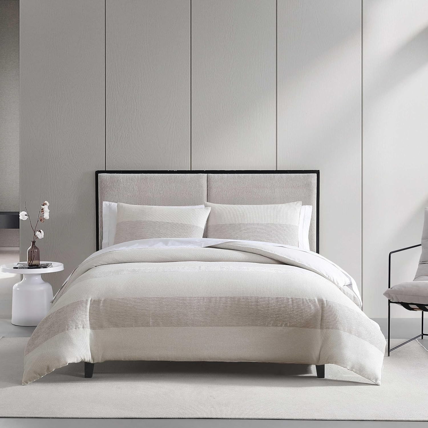 Vera Wang - King Duvet Cover Set, Textured Woven Bedding Set with Button Closure & Inner Corner Ties, 3 Piece Bed Set with Matching Pillowcases (Chenille Waffle Stripe Beige) — view 3