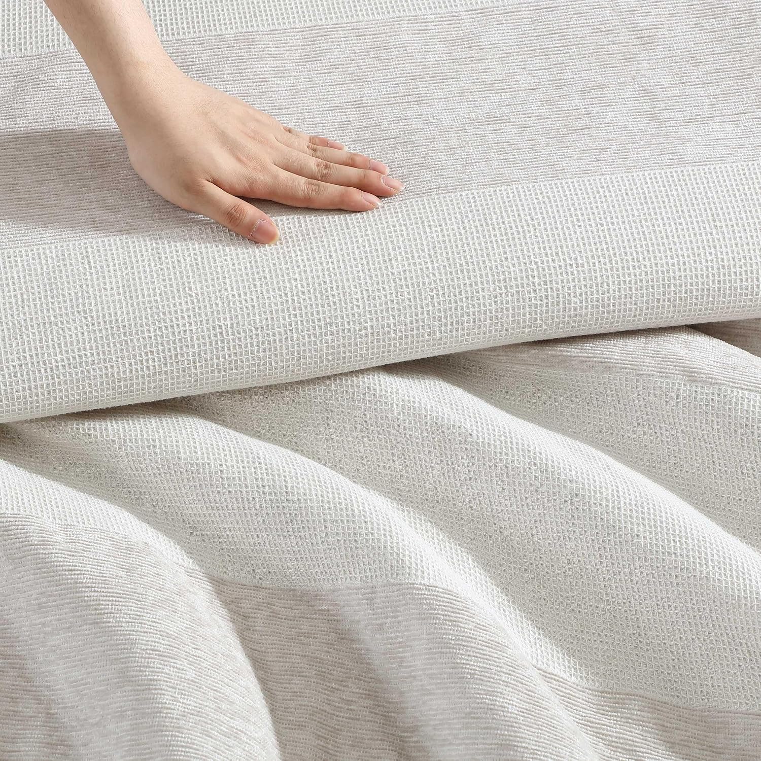 Vera Wang - King Duvet Cover Set, Textured Woven Bedding Set with Button Closure & Inner Corner Ties, 3 Piece Bed Set with Matching Pillowcases (Chenille Waffle Stripe Beige) — view 4