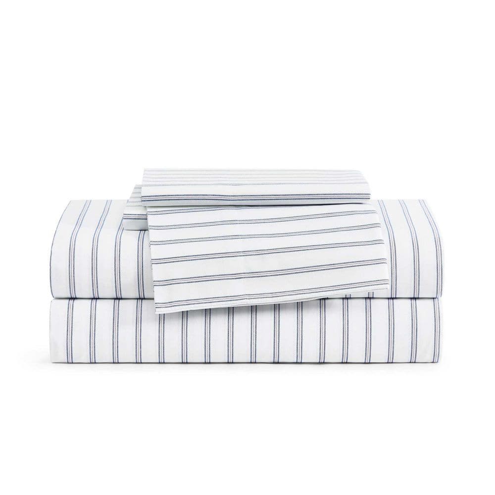 Tommy Hilfiger Joshua Tree Stripe 4-Piece White/Dark Blue/Red Percale Cotton King Sheet Set